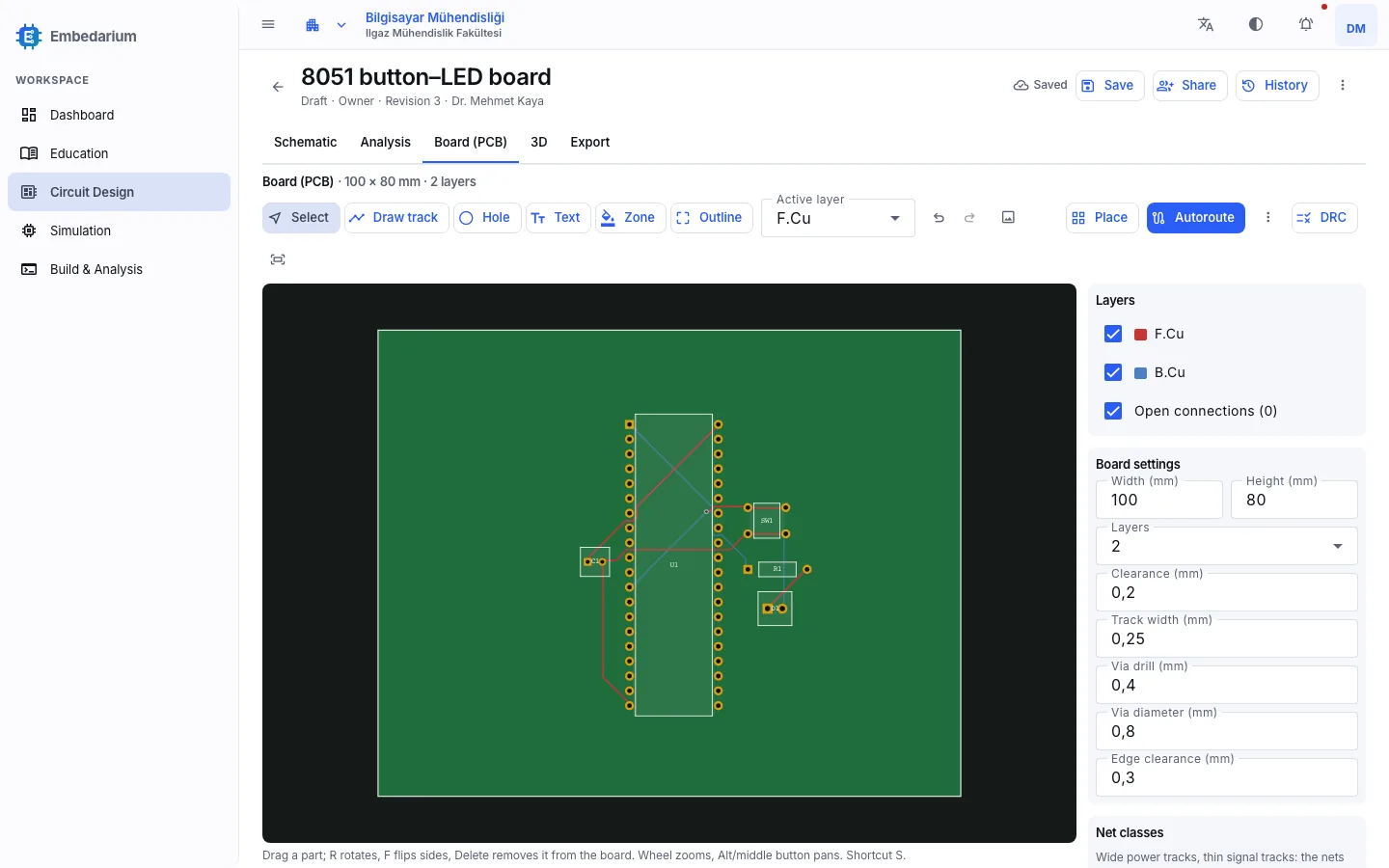 PCB editor with an autorouted 8051 board